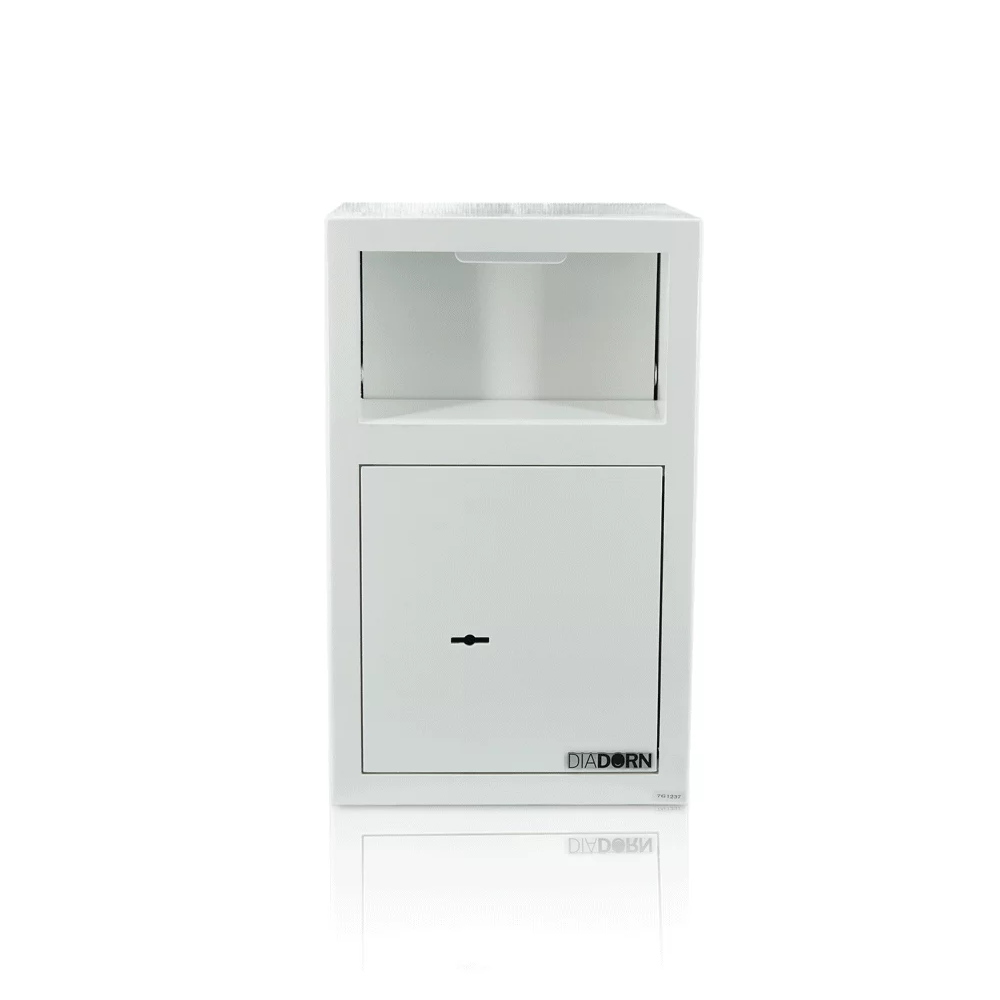 Sejf wrzutowy z klapką | Biały wysoki połysk | Zamek na klucz