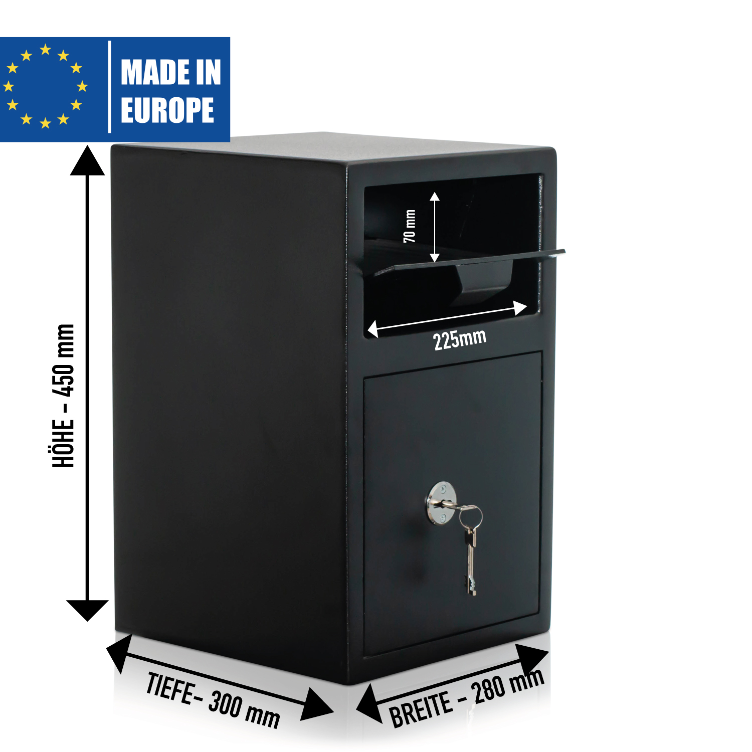 01-10423-bemasst Einwurftresor mit Einwurfklappe | Sicherheitsstufe B | VDMA 24992 | Deposittresor | Made in EU