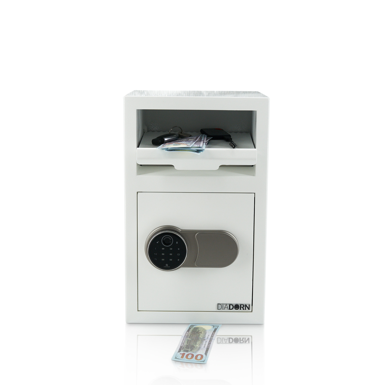 Einwurftresor mit Einwurfklappe mit Fingerprint Pin-Code Schloss | Hochglanz-Weiss Einwurftresor mit Einwurfklappe mit Fingerprint Pin-Code Schloss | Hochglanz-Weiss