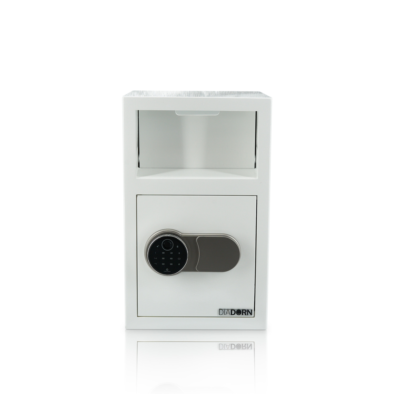 Einwurftresor mit Einwurfklappe mit Fingerprint Pin-Code Schloss | Hochglanz-Weiss Einwurftresor mit Einwurfklappe mit Fingerprint Pin-Code Schloss | Hochglanz-Weiss